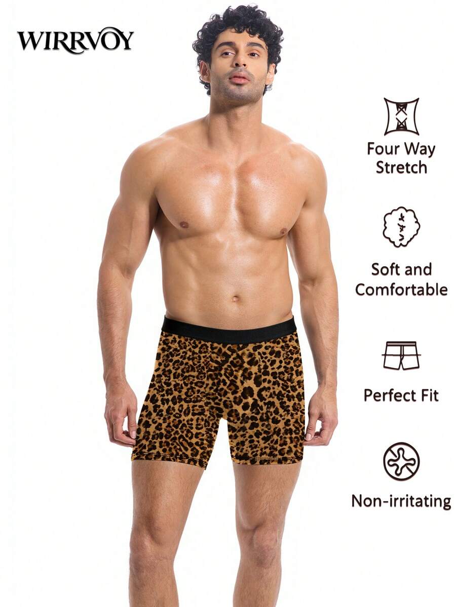 1pc Men's Leopard Print Boxer Briefs, Brown Classic Leopard Pattern, Full Coverage Animal Print, Comfortable Fashionable Daily Wear Underwear - Black - View 1