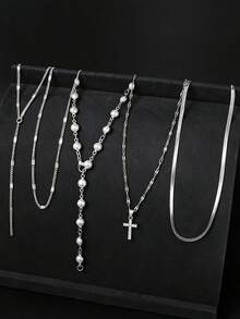 Set Kalung Perak Berlapis Mutiara Salib Berlian Imitasi Bentuk Y Gaya Kasual Keren 5pcs/Set, Cocok untuk Perjalanan Sehari-hari dan Liburan Wanita, Hadiah - Perak - View 4