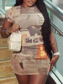 Gaun Bodycon Slim-Fit Lengan Pendek Gaya Klub Malam DOUCIU Hot Girl - Khaki - View 3