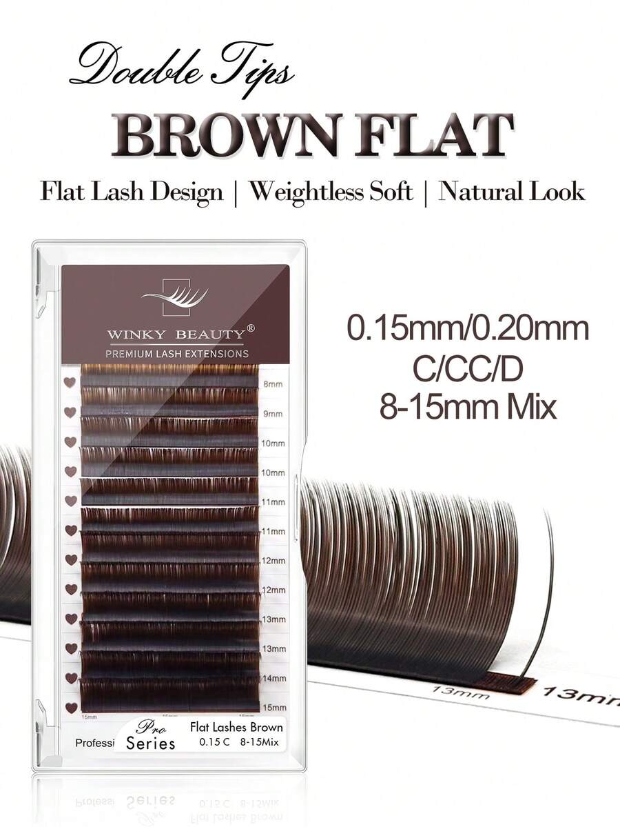 Winky Beauty Oval Flat False Eyelashes Brown, Mixed Length 8-15mm, Natural Soft Silk, Classic Single Dense Type, 12 Rows, 0.15mm/0.20mm, Single Lash Extension, Premium, Matte, Suitable For Professional Lash Artists, Lash Clusters, Lash Strips, Single False Eyelashes, False Eyelashes