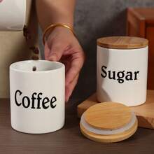 3pcs Set With Lids Seasoning Jars, Ceramic Storage Containers, European Minimalist Style, Bamboo Lid With Silicone Seal, Suitable For Pepper, Salt, Sugar, Coffee, Tea, Refrigerator And Dishwasher , Home Kitchen Countertop Decor, Housewarming Gift - Multicolor - View 4