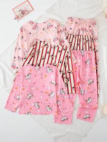 3 Sets Girls Long Sleeve Long Pants Pajamas Cartoon Unicorn Cute Print Spring Autumn Home Wear All-Over Print Set - Multicolor - View 3