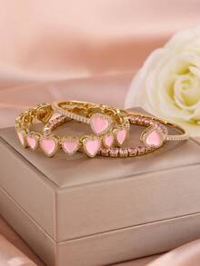 rakol 3pcs Cute Sweet Cool Style Pink Heart Zirconia Stackable Bracelet Set, Suitable For Gifting To Best Friends And Wearing At Social Parties - Style 1 - View 3