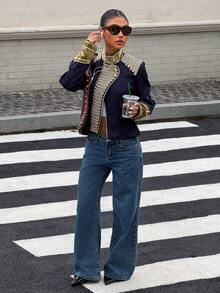 DEEKA Spring/Autumn New Women's European & American Style Fashion Versatile Rope Knot Button Napoleon Style Jacket - Navy Blue - View 6
