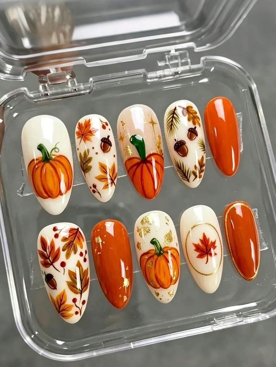 10pcs Halloween Medium Almond Shaped Press-On Nails, Orange Pumpkin ...