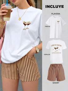 Women Two-Piece Outfits - 2 Playera Blanca con Short Rayas Café con Beige - View 1