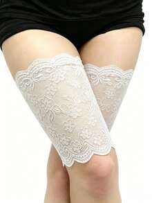 Women's White Floral Lace Thigh Sleeves, Scallop Border Sheer Lace Leg Covers, Chic Decorative Leg Accessories - White - View 1