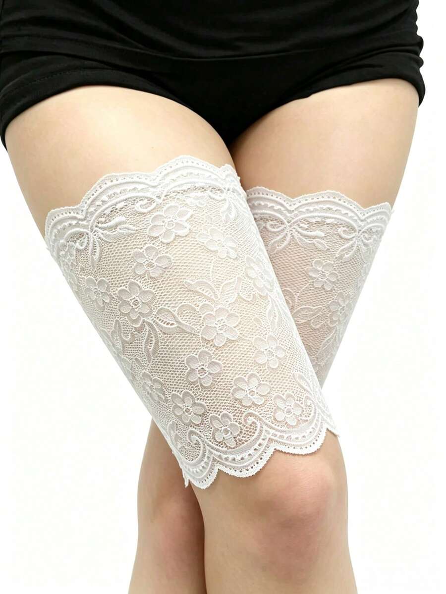 Women's White Floral Lace Thigh Sleeves, Scallop Border Sheer Lace Leg Covers, Chic Decorative Leg Accessories - White - View 1