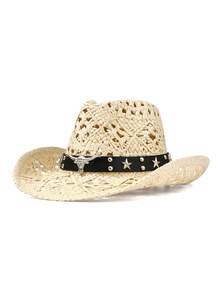 1 pieza Sombrero de vaquero de paja hueca, banda tejida de ganchillo transpirable, ala ancha vintage, accesorio de vibra enérgica, adecuado para festival de música y vacaciones en la playa - sombrero de paja - Ver 12