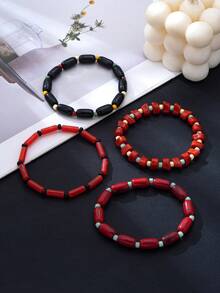 1pc/4pcs New Chinese Style Burgundy Asymmetrical Bead Thin Bracelet Set, Vintage Colorblock Minimalist Versatile Commuter Hand Jewelry - Burgundy - View 1