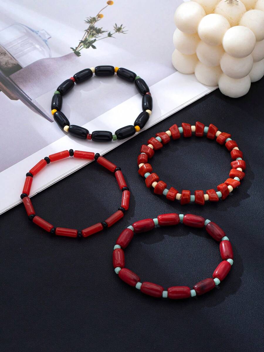 1pc/4pcs New Chinese Style Burgundy Asymmetrical Bead Thin Bracelet Set, Vintage Colorblock Minimalist Versatile Commuter Hand Jewelry - Burgundy - View 1