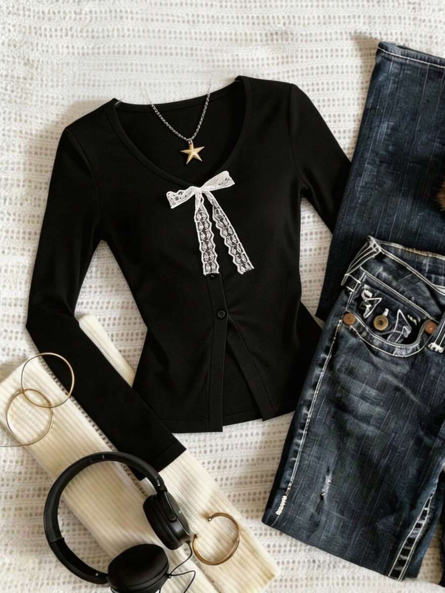 ENGU CO. Back To School Y2K Coquette Long Sleeve Top, Round Neck Lace Front Bow Single Breasted Slim Fitted Casual Shirt - Black - View 1