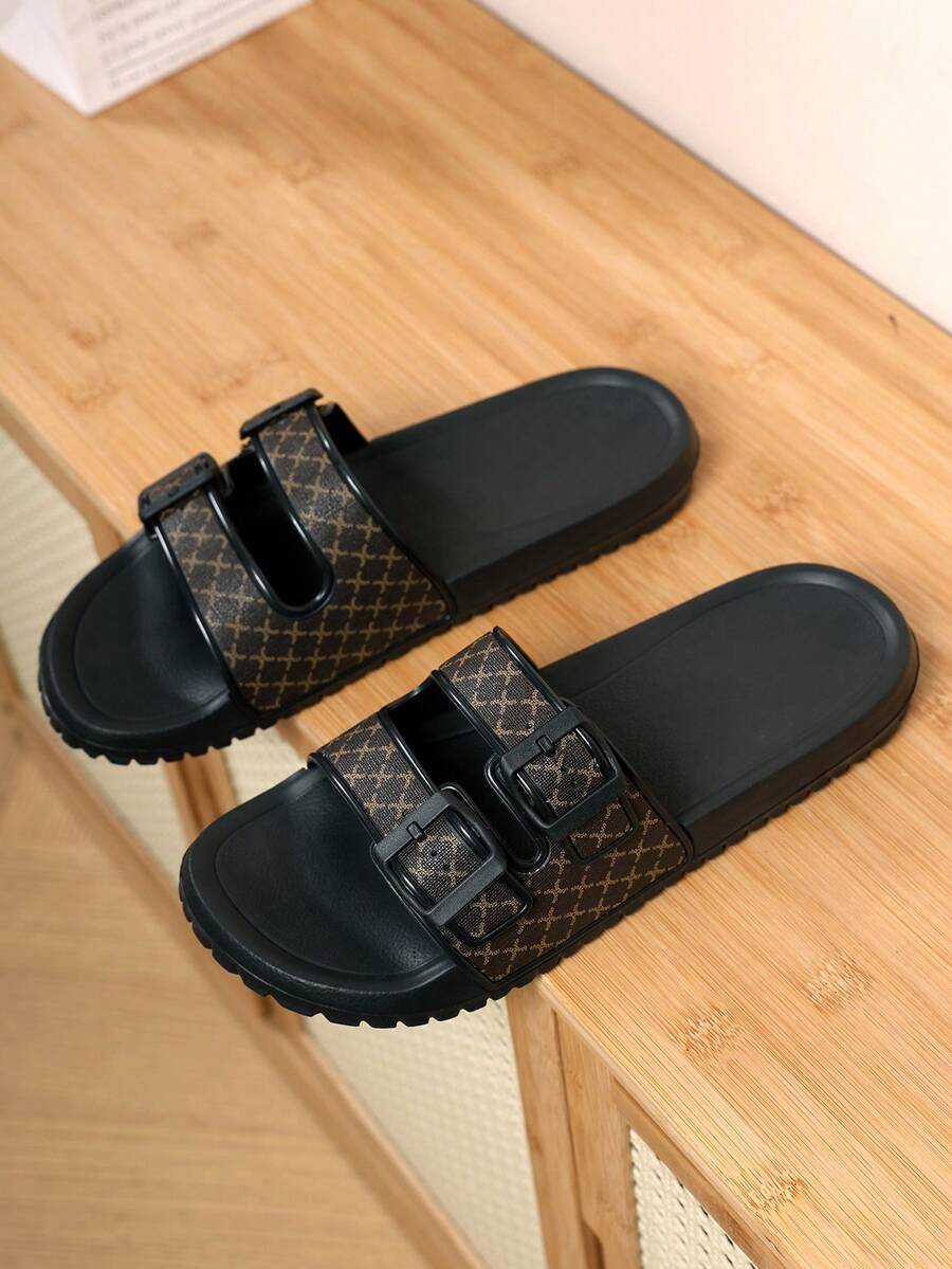 Vintage Dark Pattern Double Strap Men's EVA Sandals, Wear-Resistant Thick Sole, Beach, Street, Casual Outdoor Slippers - Light Brown - View 1