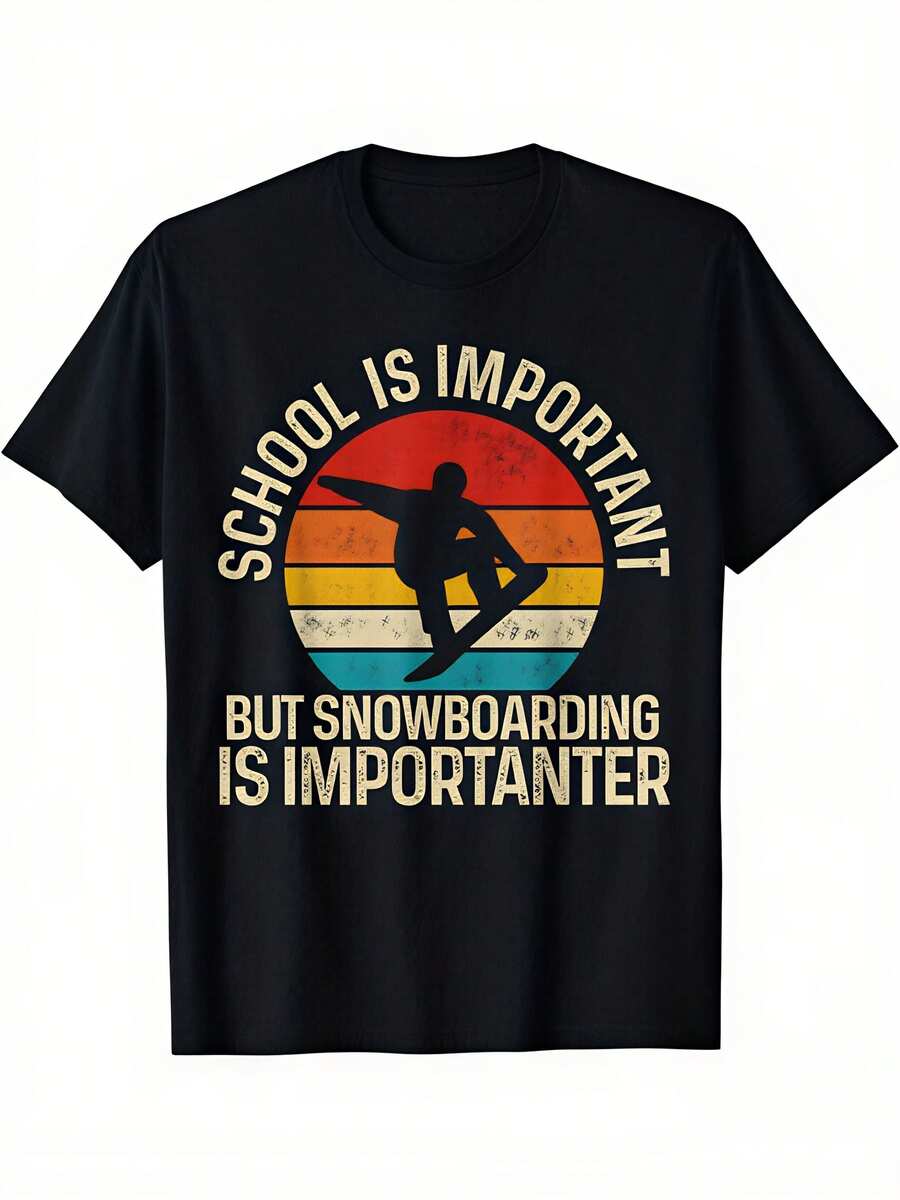 board-T-Shirt - "Schule ist wichtig, aber Snowboarden ist wichtiger" Grafik-T-Shirt mit Retro-Snowboarder- und Board-Design, locker geschnittenes Freizeitshirt für Wintersport-Fans, maschinenwaschbares Geschenk - Schwarz - Übersicht 1