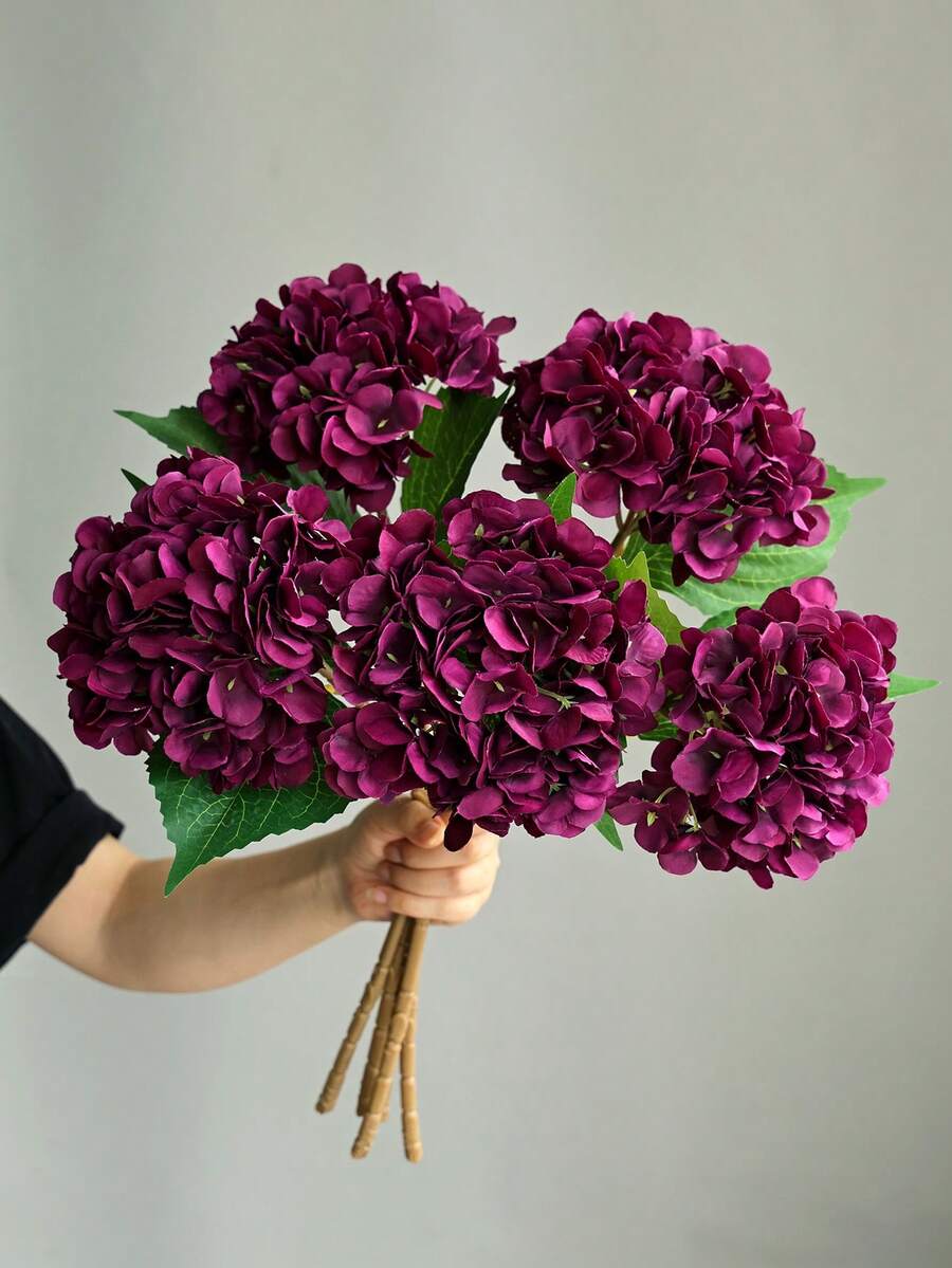 1pc Purple-Red Artificial Hydrangea, Realistic Silk Hydrangea Decor, High-Quality Faux Flower Bouquet, Suitable For DIY Wedding Bouquet, Party, Home, Living Room, Kitchen, Garden, Hotel, Office, Autumn DIY Wreath, Gift - Red Violet - View 1
