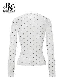 BADDIE REALM Atasan Jala Lengan Panjang Slim Fit Wanita Motif Polkadot, Elastis, Pakaian Dasar Sehari-hari - Putih - View 10