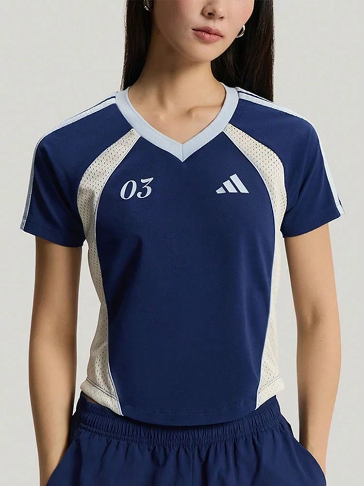 Adidas SLIM FIT TIRO Women's V-Neck Slim Fit Short Sleeve T-Shirt, Navy Blue - Dark Blue - View 1