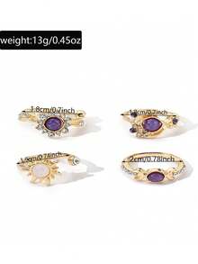 4 piezas/Set Anillos de Cristal de Ópalo con Sol, Luna y Estrella Chapados en Oro, Anillos Midi Delicados Apilables de Estilo Bohemio, Adecuados como Regalo de Joyería Diaria para Mujeres - Morado Violeta - Ver 5
