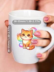 50Pcs Rainbow Cat Healing Decor Stickers, Hand-Drawn Illustrations Of Gradient Neon Cats, Rainbow Tails, Star Glitter And Cute Kittens, For Journal, Water Bottle, Luggage, Spring Picnic DIY Decor - Multicolor - View 4