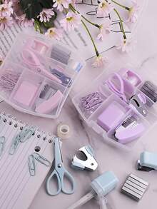8 Pack Mini Office Supply Kit Portable Case With Scissors,Tape Dispenser Set, Punch,Pencil Sharpener, Mini Stapler With Staples And Staple Remover, For Students, Colleagues, Back-To-School Gift - Multi Colors - View 8