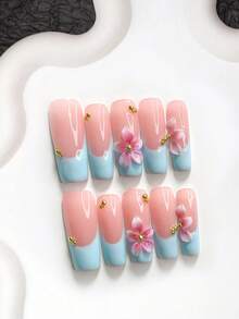 10件夏季清新風手工穿戴式美甲，Polygel美甲套組，花卉圖案，藍色與粉色指甲油，冰藍法式風格，含美甲工具，3種尺寸可選，杏仁形、鴨嘴形、棺材形，適合派對、舞蹈、日常配戴 - 彩色 - 查看 4