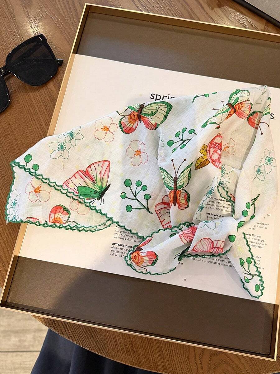 1pc Butterfly Pattern Small Square Silk Scarf, Women's Spring/Autumn New Style Premium Gauze Scarf, Versatile Decorative Neck Scarf, Thin Elegant Scarf - White - View 1