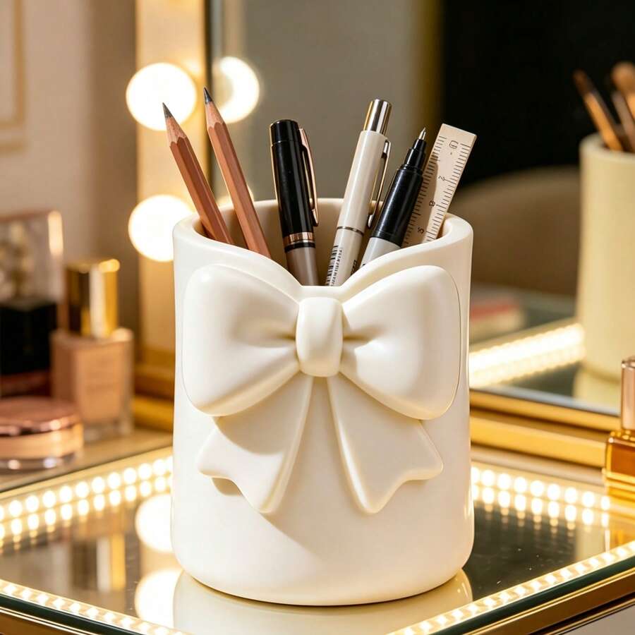1pc Bow-Shaped Desktop Storage Holder, 3D Pen Holder, Makeup Brush Storage Rack, Lip Gloss And Eyebrow Pencil Makeup Brush Storage Box, Lipstick And Eyebrow Pencil Storage Box, Multi-Functional Desktop Storage, Novel Design