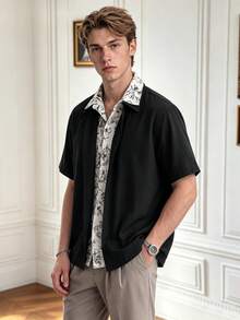 Men's Black Short Sleeve Shirt, Floral Print Collar, Casual Loose Fit Button-Up - Black - View 7