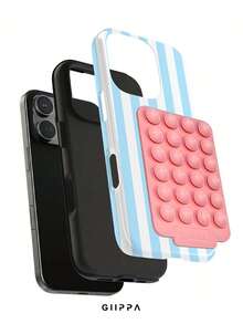 GIIPPA 1件淺藍色垂直條紋圖案設計手機殼，適用於Phone 17 Pro Max，附粉色吸盤，兼容Phone 16 Pro Max、15 Pro Max、14 Pro Max，韓式高端時尚趣味手機殼，兼容11/12/13/14/15/16 Pro Max Plus，優雅設計男女皆宜，適合送給女友的聖誕節、情人節、復活節、婚禮季與生日禮物 - 淺藍色 - 查看 2