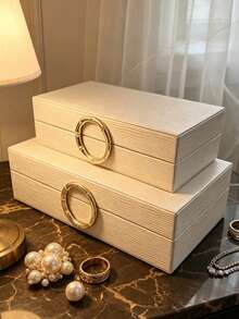 1 Set Of 2 Small & Large Ripple Textured PU Leather Jewelry Boxes With Gold Round Metal Handle, Luxury Cream White Lidded Accessory Organizer Storage Box For Bedroom Vanity Home Decor Gift - White - View 8