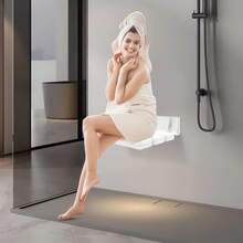 Wall Mounted Foldable Shower Bench, Collapsible Wall-Mount Seat With Slatted Board Design, Space Saving Wall Fixed Stool For Entryway, Shower Room, Corridor Temporary Sitting Use - White - View 1