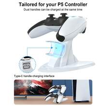 P5 Dual Charging Station For Controllers, 2-In-1 Charge & Storage, 2.5H Fast Charge, Blue LED Light, Stable Base, Type-C, ABS, Black, Ideal For Gamers & Families – Christmas/Birthday Gift - White - View 5