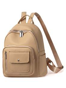 1pc Fashionable Avant-Garde Campus Style Multi-Pocket Solid Color PU Faux Leather Backpack, Women's New Minimalist Versatile Shopping Shoulder Bag - Multiple Colors - View 5