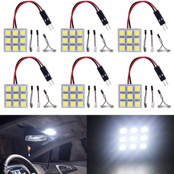 6-Pack Cool White 5050 9SMD LED Panel Dome Light Auto Car Reading Interior Lamp DC 12V With T10 / BA9S / Festoon Adapters