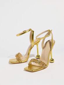 Women's High Heel Stiletto Sandals, Summer Breathable Buckle Square Toe Rhinestone High Heels - Gold - View 4
