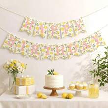 Happy Birthday Banner - Lemon Theme Party Garland, With Adjustable Distance, Non-Glare Paper Cardstock Bunting Sign, For Summer Tropical Fruit Birthday Decorations - Pink Lemonade - View 3