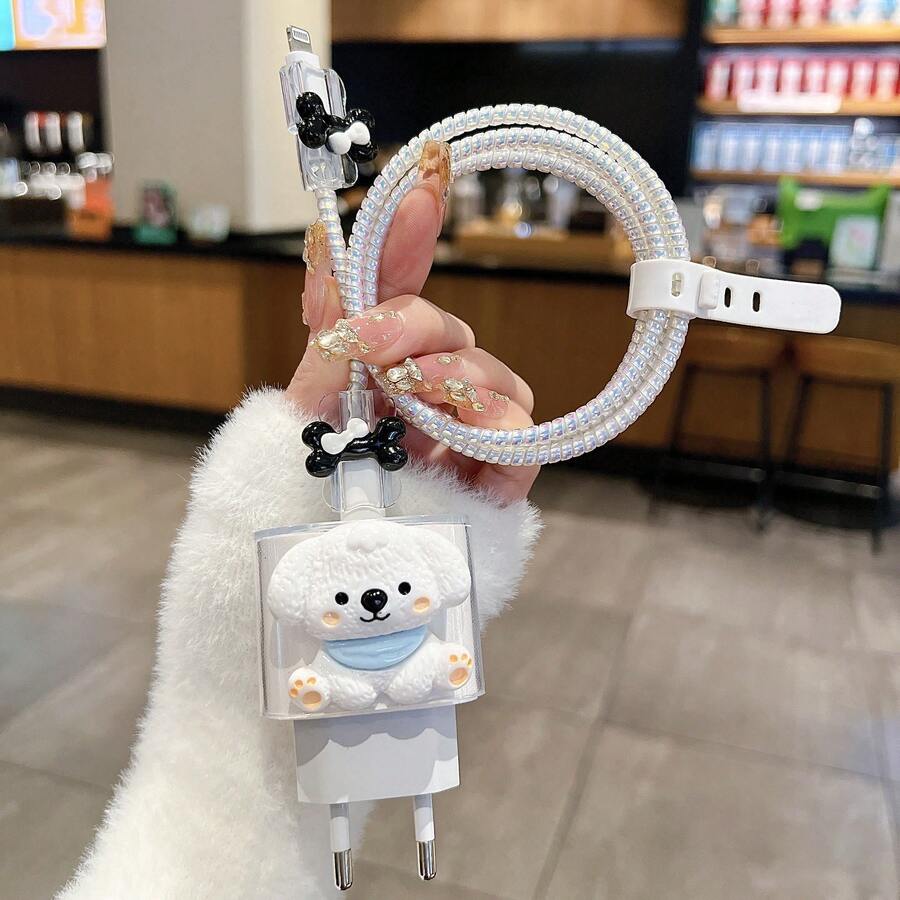 5pcs/Set Cute White Dog Series 20W EU Fast Charger Protective Case Compatible With Apple Data Cable Cable Sleeve Protector - Multicolor - View 1