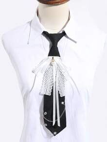 1pc Women Pink Lace Ribbon Pearl Chain Decor Slim Necktie Sweet Preppy Style Shirt Suit Accessory - Multicolor - View 5