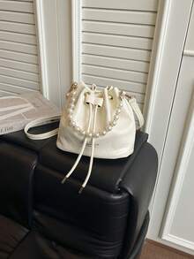 Women Drawstring Bag Mini Sling Bag Bucket Bag Diamond Lattice Daily Outdoor Bag - Beige - View 5