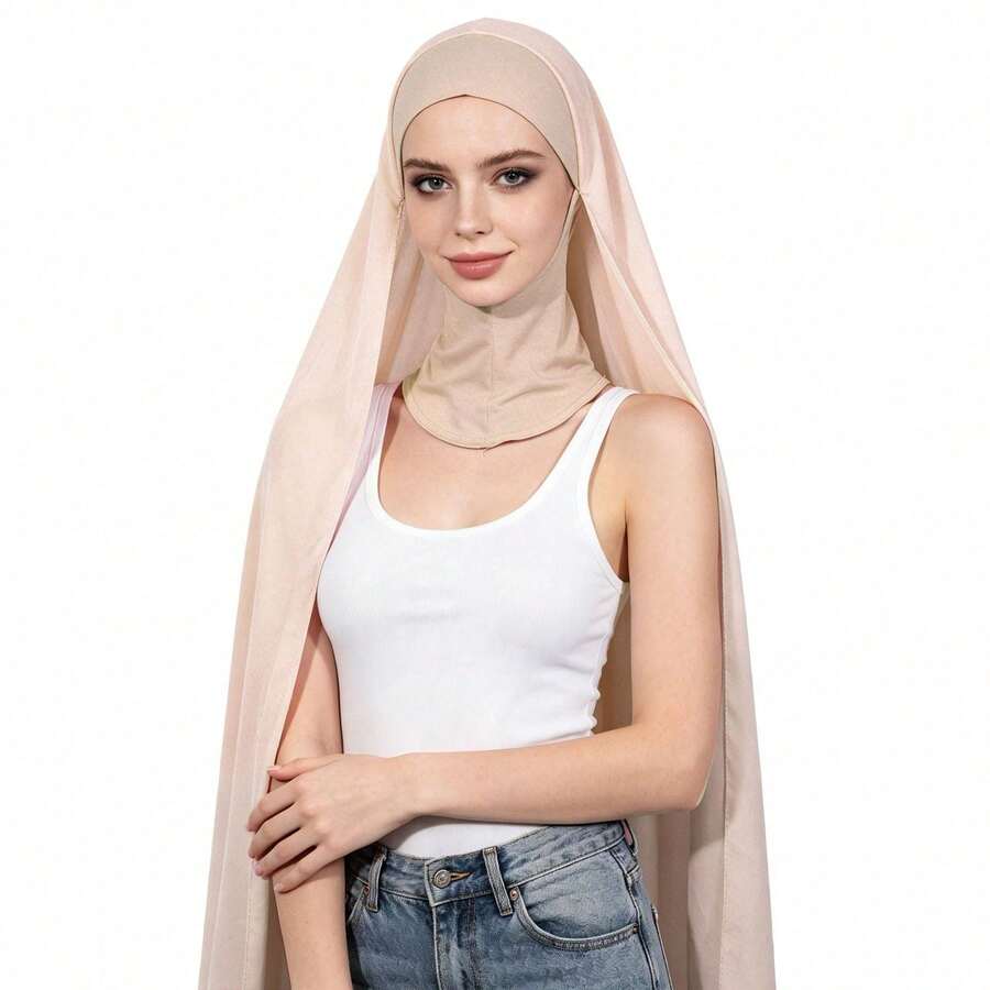 [One-Piece]New Chiffon Scarf & Beanie Set, Solid Color Pearl Chiffon Headscarf, Pull-On Beanie, Sun Protection Headwrap, Daily & Holiday Headwear, Sister Matching Headscarf - Multicolor - View 1
