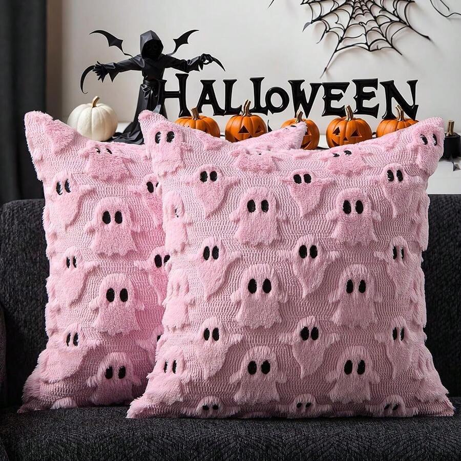 2pcs Halloween Pillowcases - Cute Ghost Decorative Pillow, 18x18 Inches; Soft Faux Fur Autumn Decorative Pillowcases, Perfect For Sofa, Bed, Porch And Living Room Autumn Decor