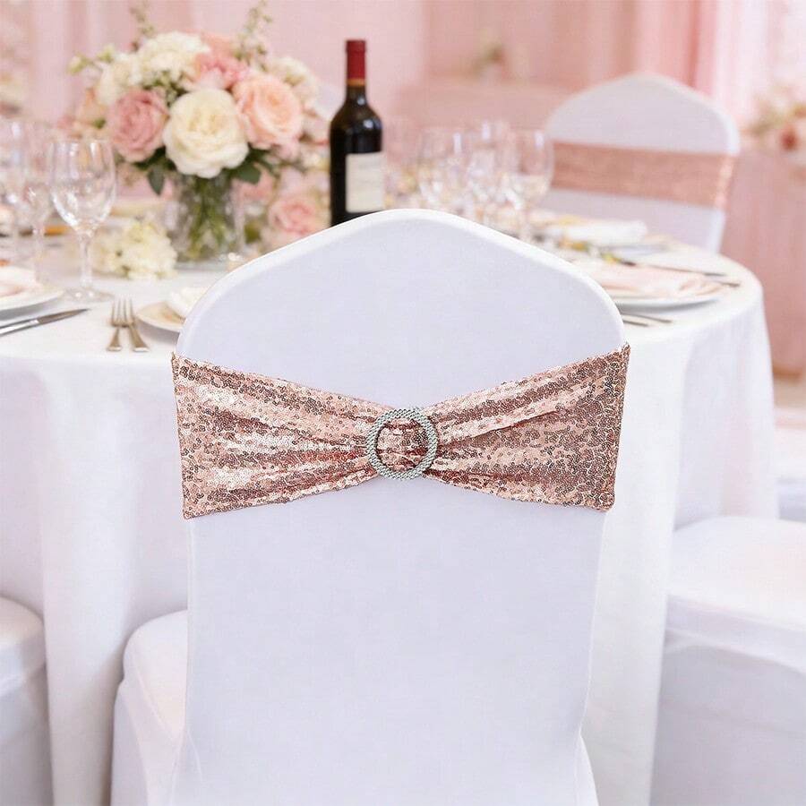 1pc Buckle Sequin Elastic Chair Sash, Suitable For Wedding Chair Decoration, Also Applicable For Party Chairs, Party Banquets, Anniversaries, Birthdays, Engagements, Christmas Events And Other Occasions. - Rose Gold - View 1