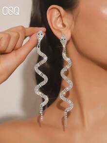 OOQ 1 Pair Elegant Silver Rhinestone Snake-Shaped Long Tassel Earrings, Elegant Fashion Sexy Versatile High-End Women's Earrings For Daily Wear, Ball, Party, Music Festival - Silver - View 1