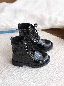 Glossy Girls' Boots, 3D Butterfly Embroidered Side Zipper Work Boots, Children's Non-Slip Low Chunky Heel Ankle Boots - Black - View 6