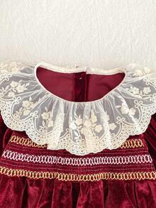 Girls' Red Lace Large Collar Ruffle Long Sleeve Dress, Spring/Autumn Christmas Holiday Dress - Burgundy - View 4