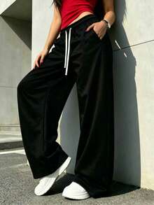 Autumn/Winter New Casual Versatile High Waist Elastic Waist Loose Wide Leg Sweatpants, Suitable For All Seasons Daily Wear, Gym Black Sports Fall - Black - View 5