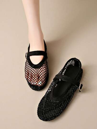 Women's Square Toe Mesh Rhinestone Slip-On Flat Mary Jane Ballet Shoes Crystal Grid Party Wedding Summer Sandals