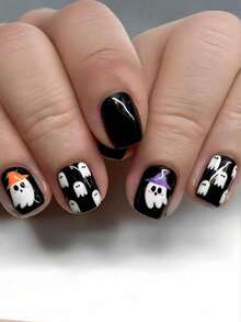 Halloween 24 Pieces Rectangular Press-On Nails Cute White Ghost Acrylic Nail Tips, Including Jelly Glue And 1 Nail File, Nail - Multicolor - View 1