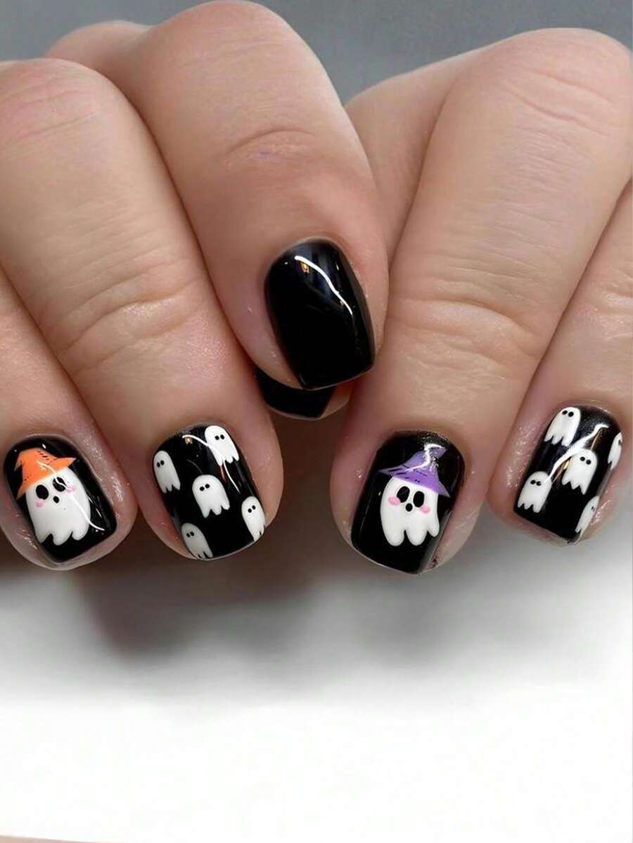 Halloween 24 Pieces Rectangular Press-On Nails Cute White Ghost Acrylic Nail Tips, Including Jelly Glue And 1 Nail File, Nail - Multicolor - View 1