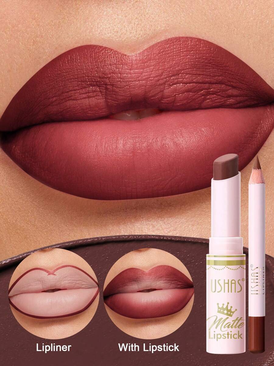 USHAS Lip Liner + Lipstick Set, 12 Colors Available, Velvet Matte Texture, Long-Lasting Non-Smudge Lip Makeup Set, Waterproof Lipstick, Essential For Daily Commute And Parties